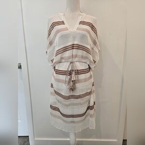 Chico’s neutral open weave sheer swim coverup tunic top with waist tie tassels.